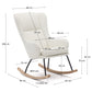 Poltrona a Dondolo Maustin in tessuto effetto shearling blanco, telaio in acciaio nero e legno di faggio