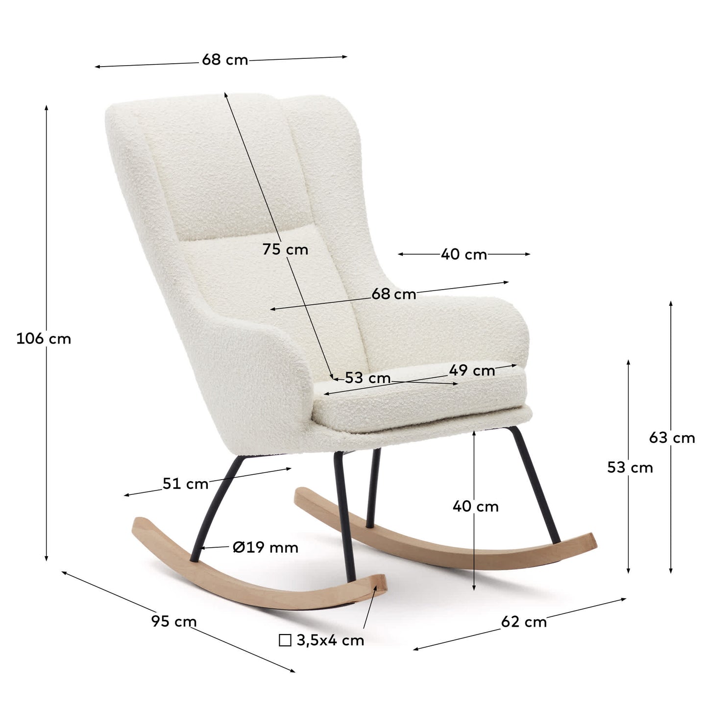 Poltrona a Dondolo Maustin in tessuto effetto shearling blanco, telaio in acciaio nero e legno di faggio