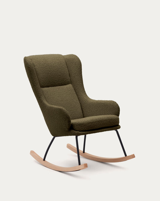 Poltrona a Dondolo Maustin con tessuto effetto shearling verde scuro, telaio in acciao nero e  legno di faggio.