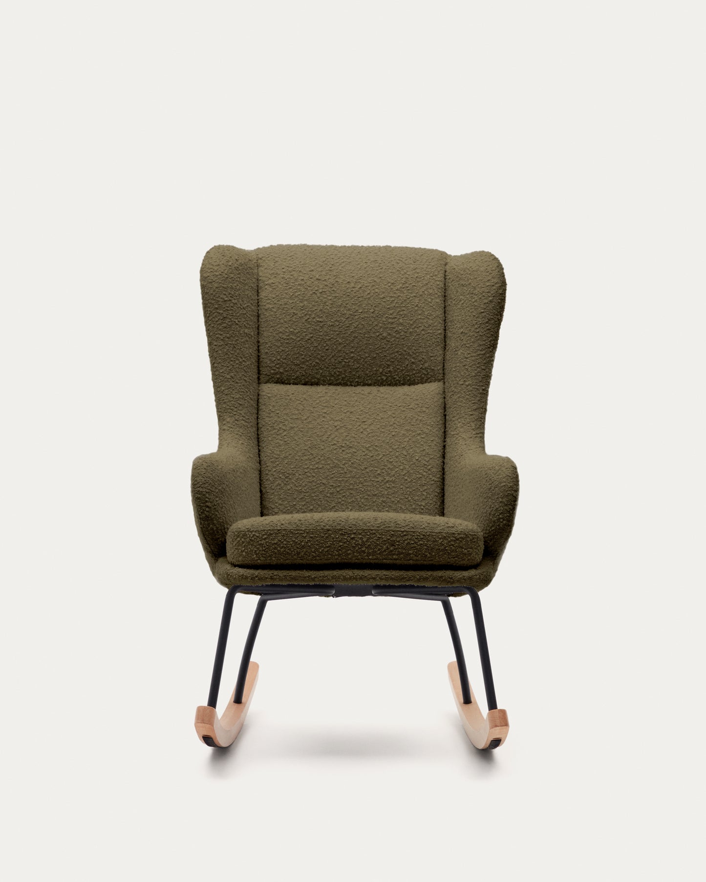 Poltrona a Dondolo Maustin con tessuto effetto shearling verde scuro, telaio in acciao nero e  legno di faggio.