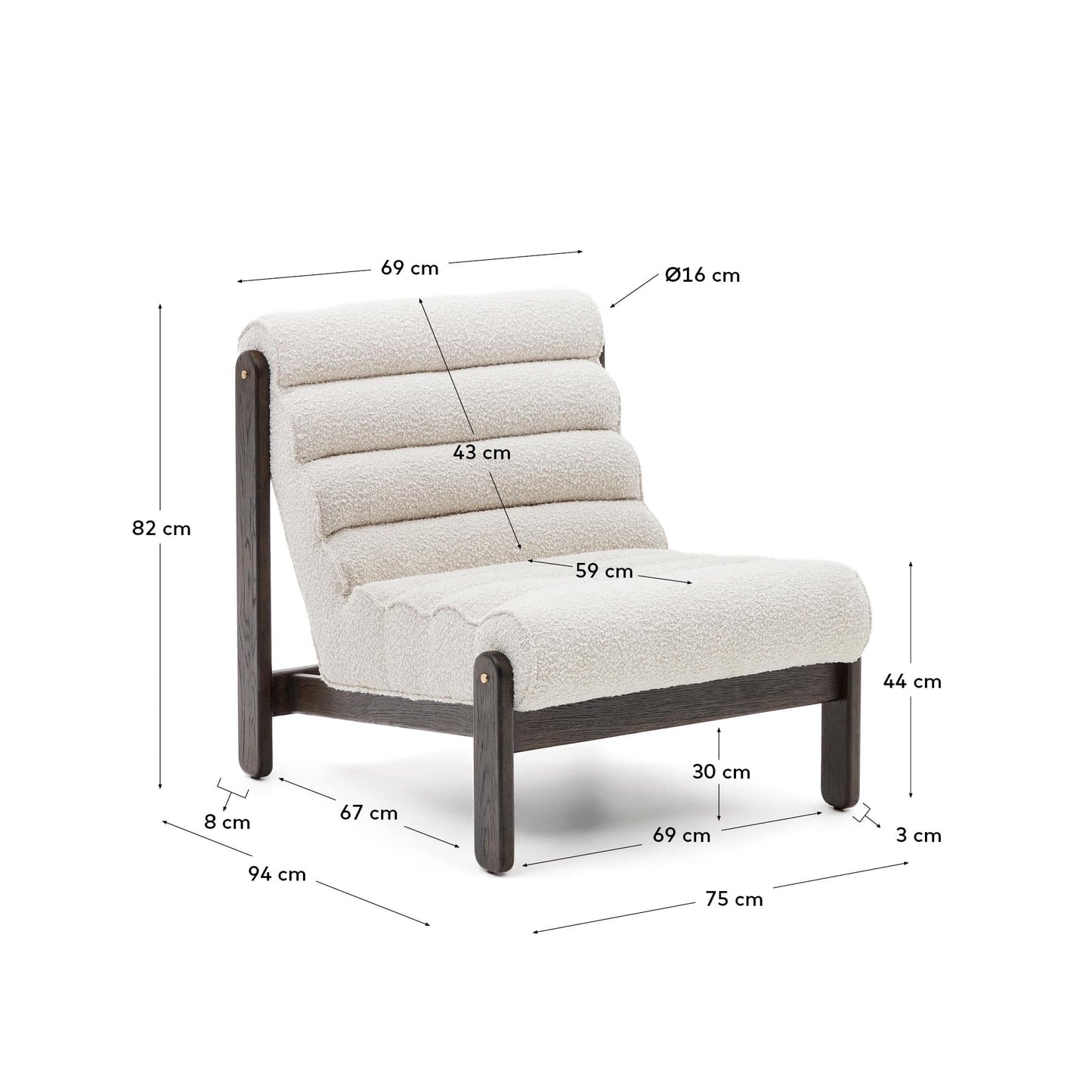 Poltrona Magira di eco-shearling bianco e legno massiccio di rovere con finitura scura