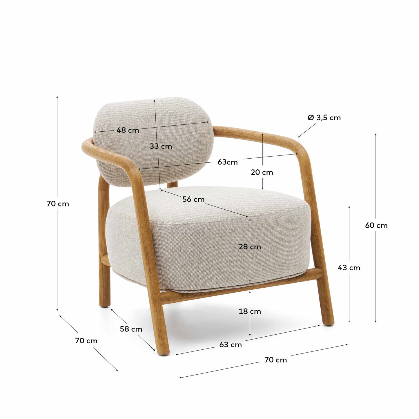 Poltrona Melqui beige di legno massiccio di rovere con finitura naturale