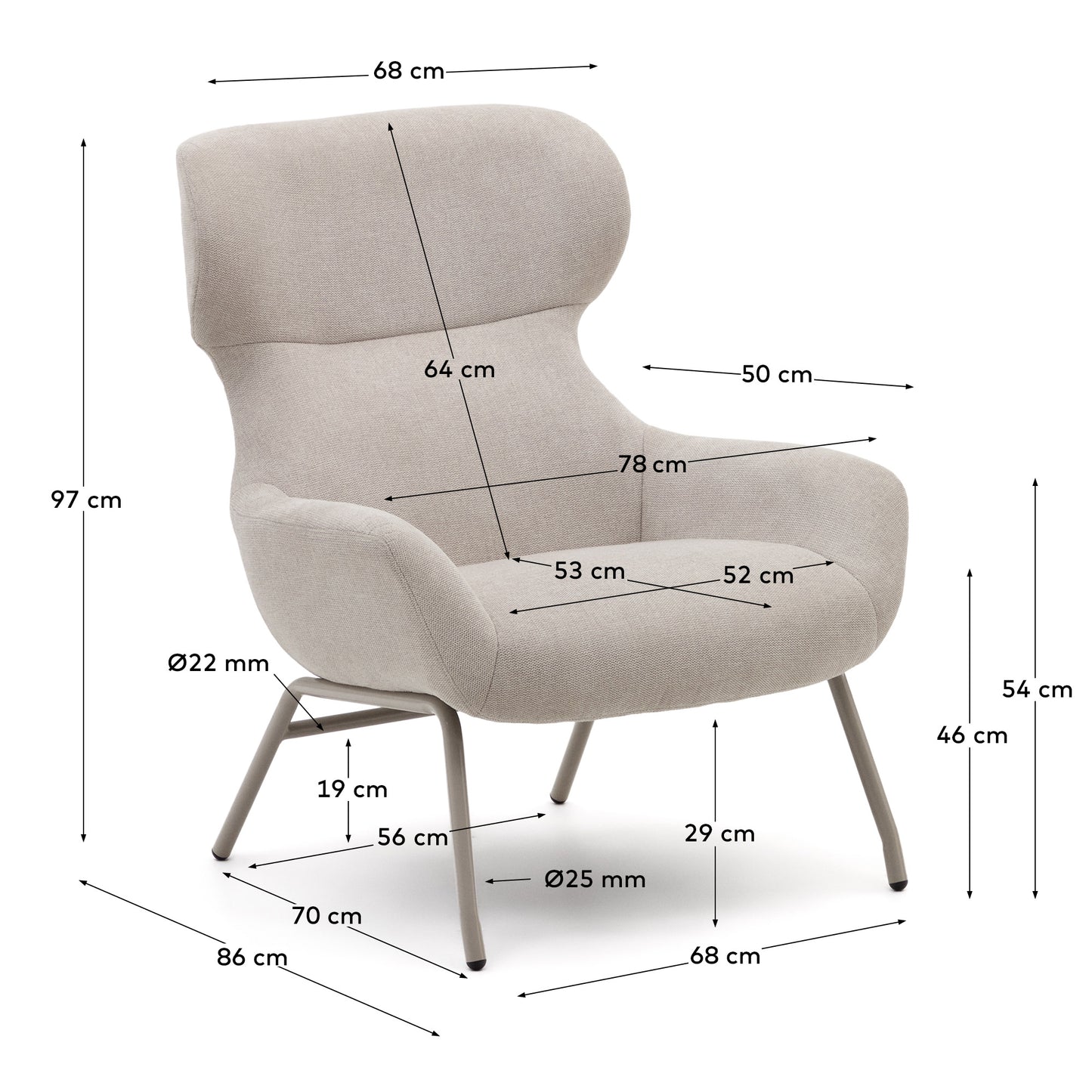 Poltrona Belina di ciniglia beige e acciaio con finitura beige