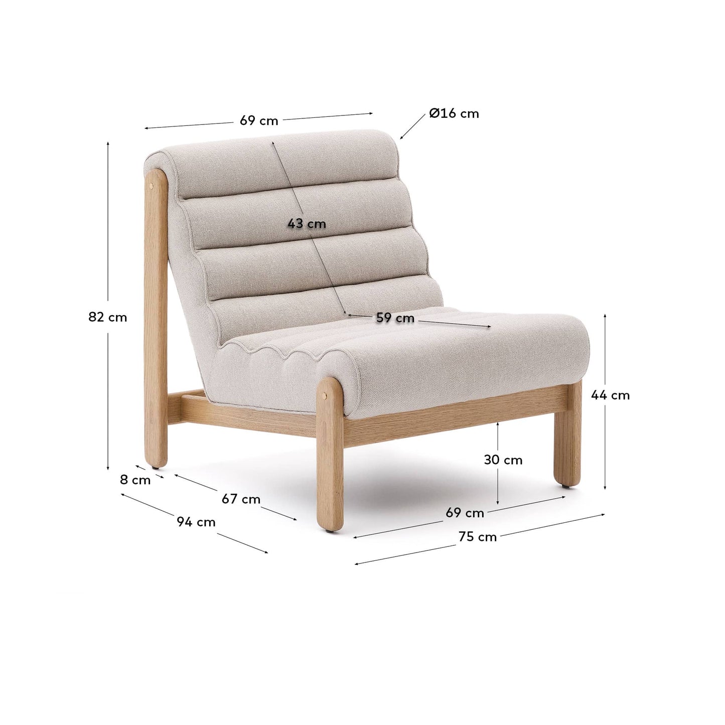 Poltrona Magira beige in rovere massiccio con finitura naturale