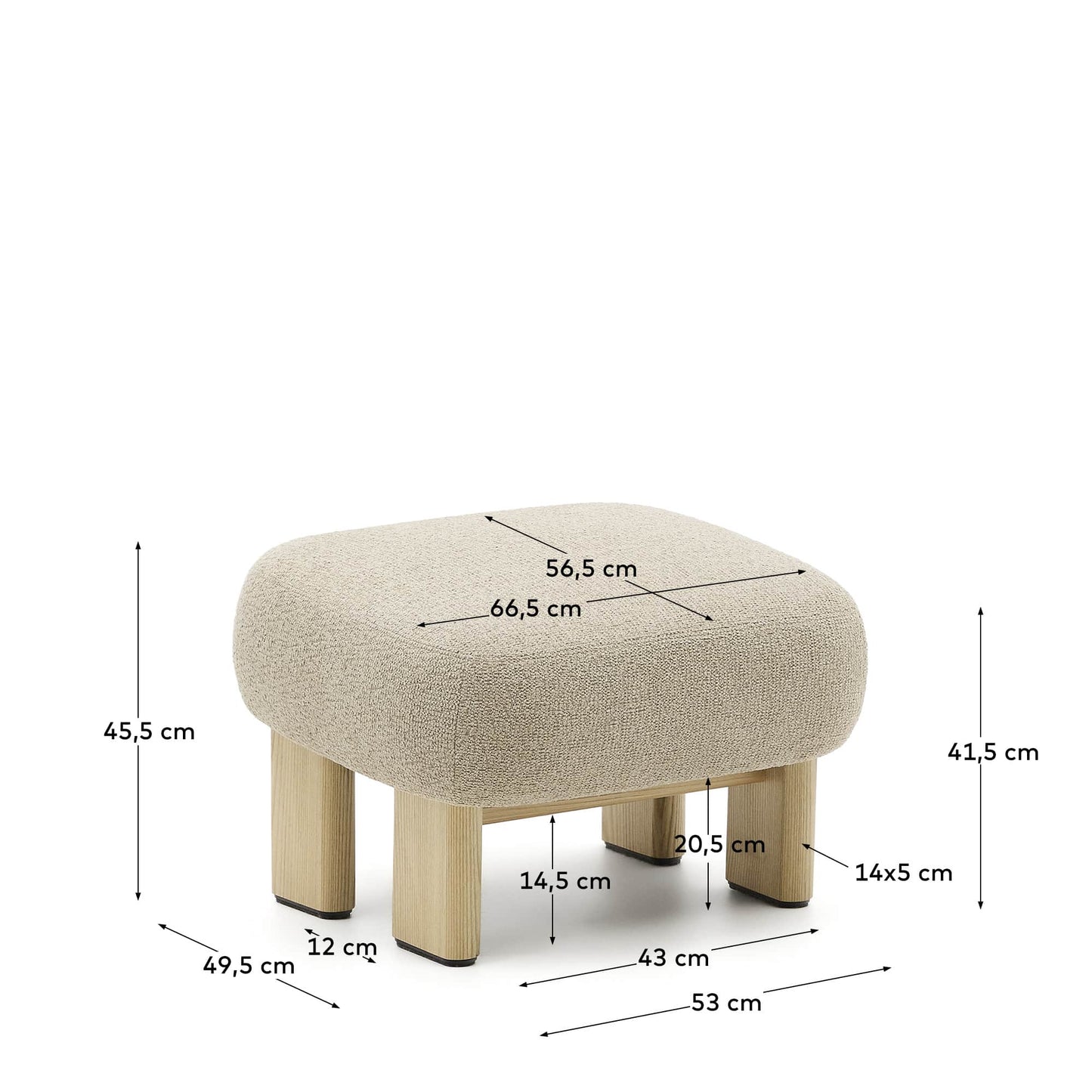 Poggiapiedi Nema ciniglia beige piedi legno massello frassino finitura naturale 65x55,4cm FSC 100%