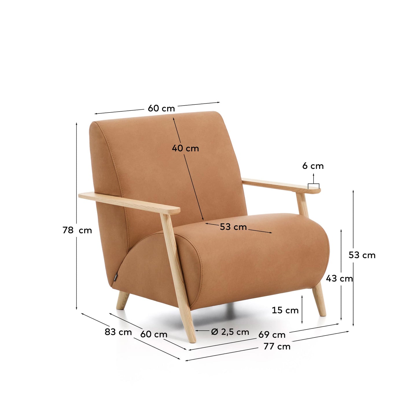 Poltrona Meghan in pelle marrone e frassino massiccio con finitura naturale FSC Mix Credit