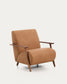 Poltrona Meghan in pelle marrone e frassino massiccio con finitura noce FSC Mix Credit