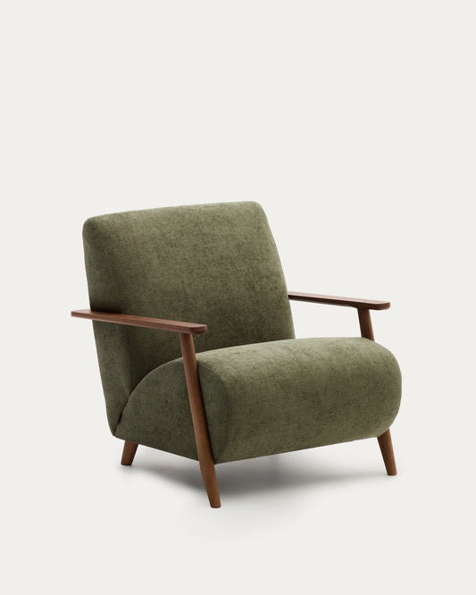 Poltrona Meghan in ciniglia verde e legno massello di frassino con finitura noce