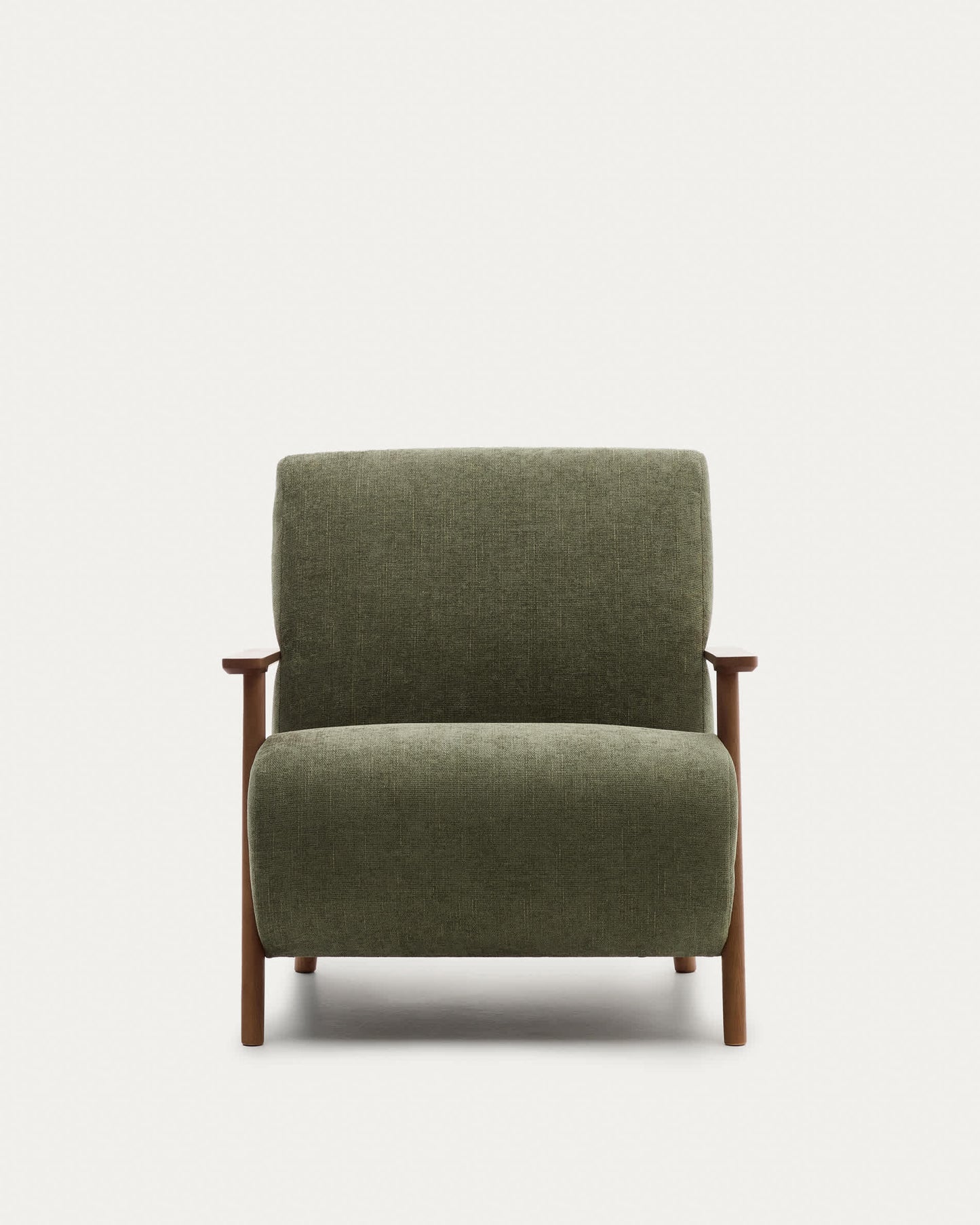 Poltrona Meghan in ciniglia verde e legno massello di frassino con finitura noce