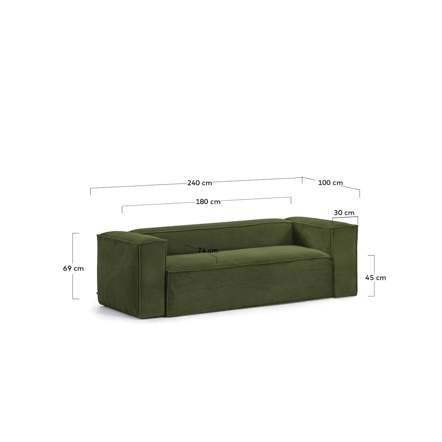 Divano Blok 3 posti in velluto a coste spesse verde 240 cm