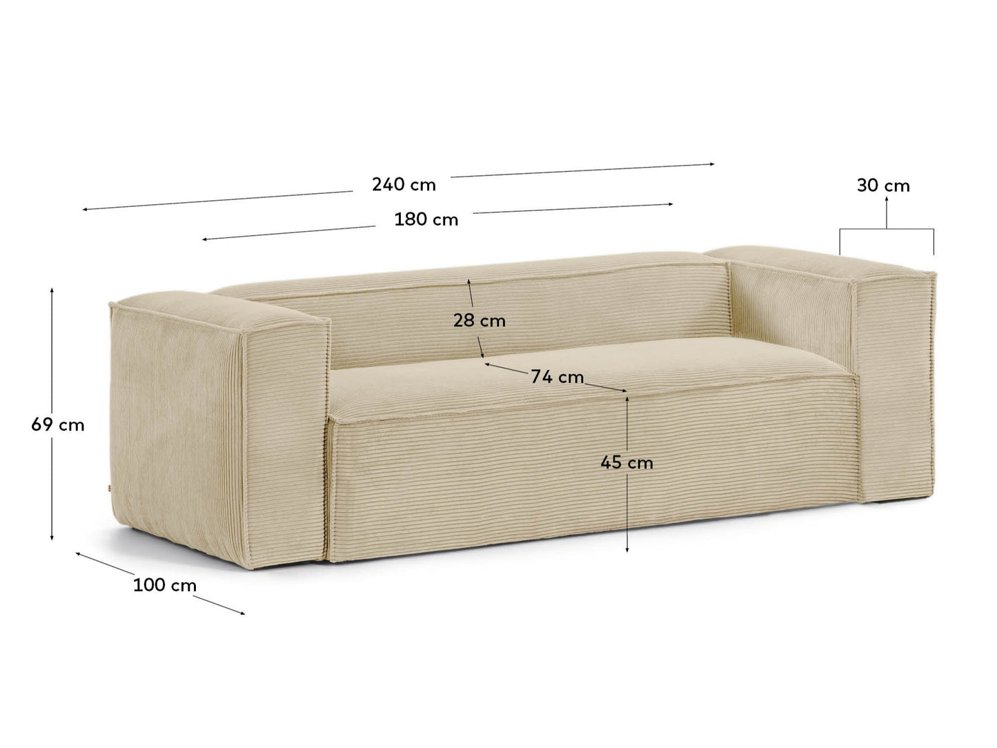 Divano Blok 3 posti in velluto a coste spesso color naturale 240 cm
