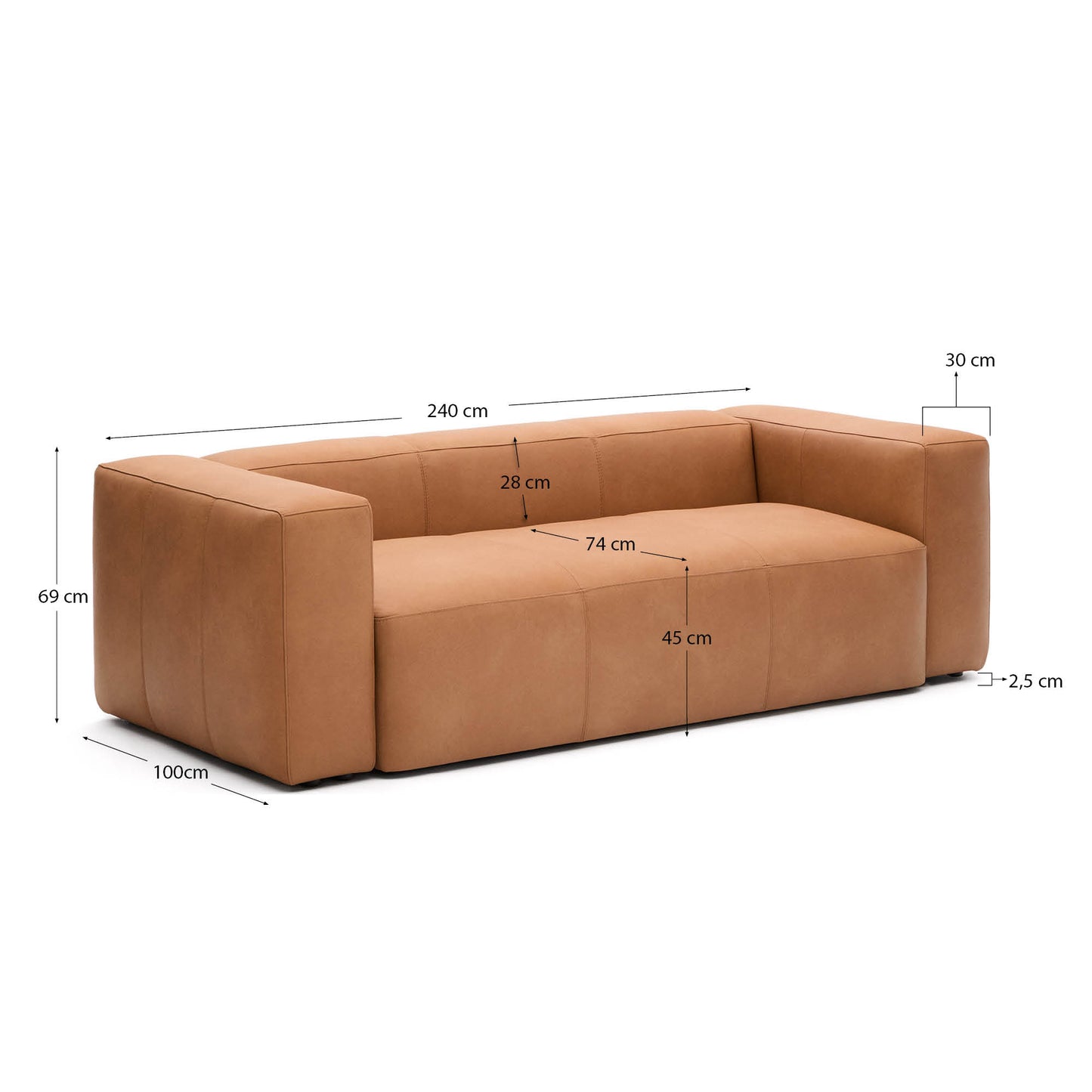 Divano Blok in pelle marrone a 3 posti 240 cm