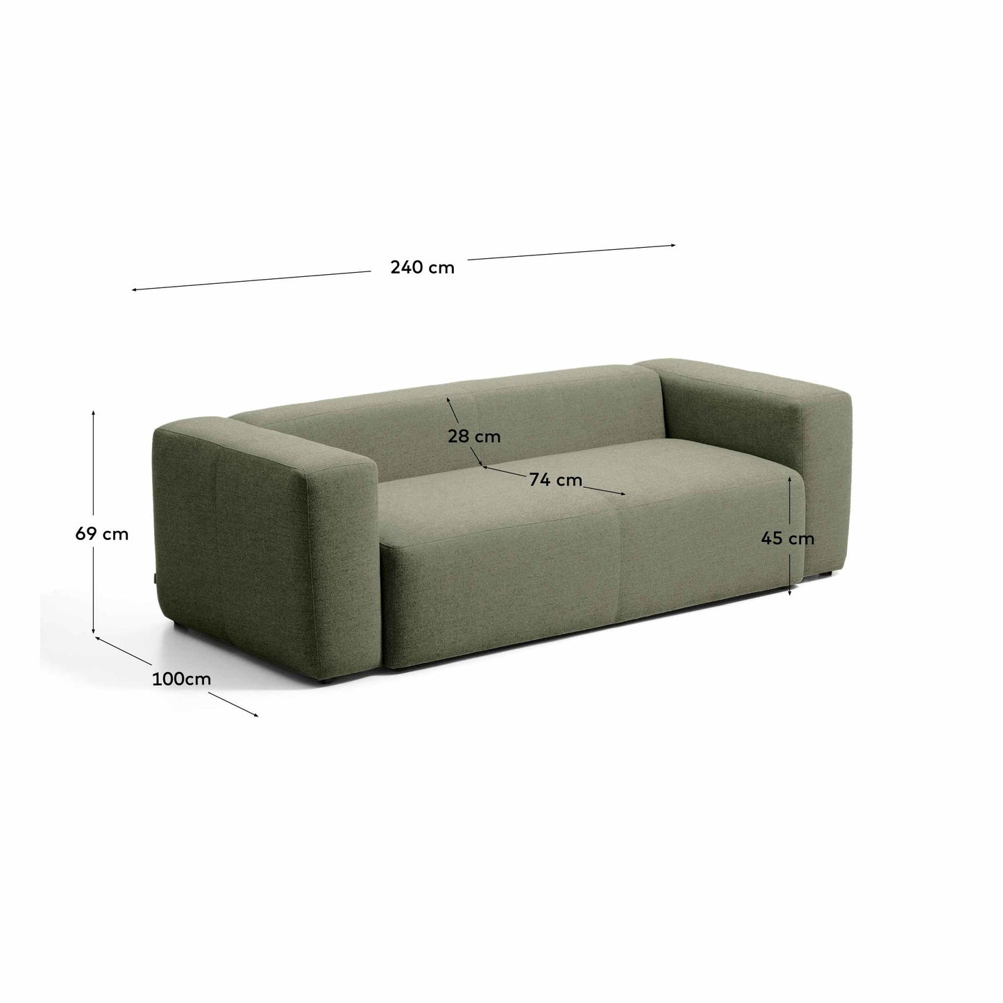 Divano Blok 3 posti in ciniglia verde muschio 240 cm FSC Mix Credit