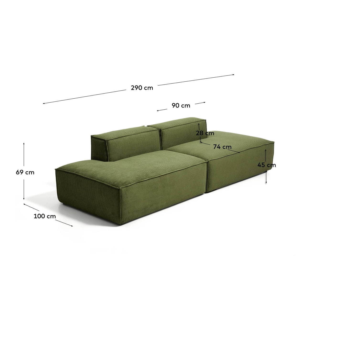 Divano Blok 3 posti in velluto a coste spesso verde 290 cm FSC Mix Credit
