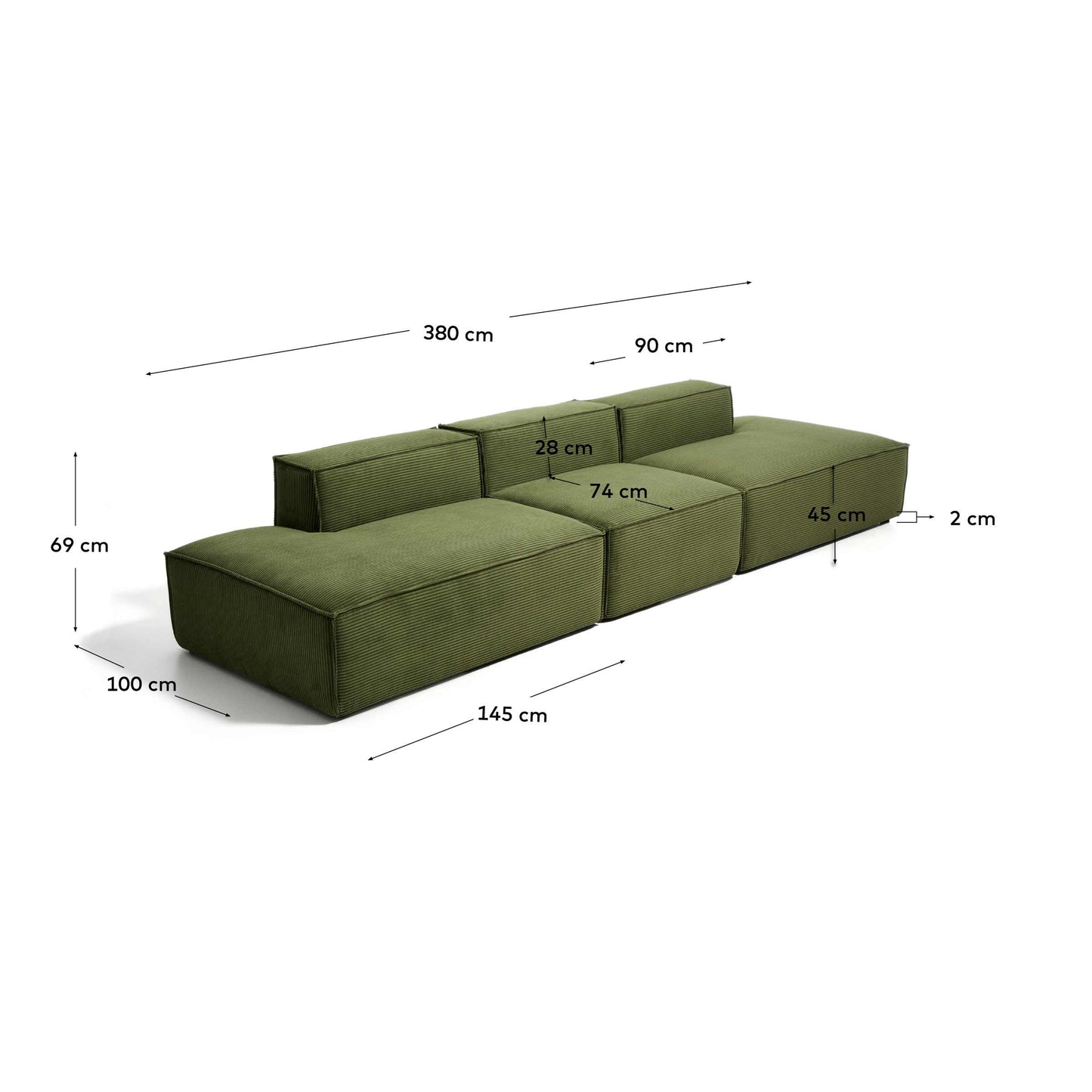 Divano Blok 4 posti in velluto a coste spesso verde 380 cm FSC Mix Credit
