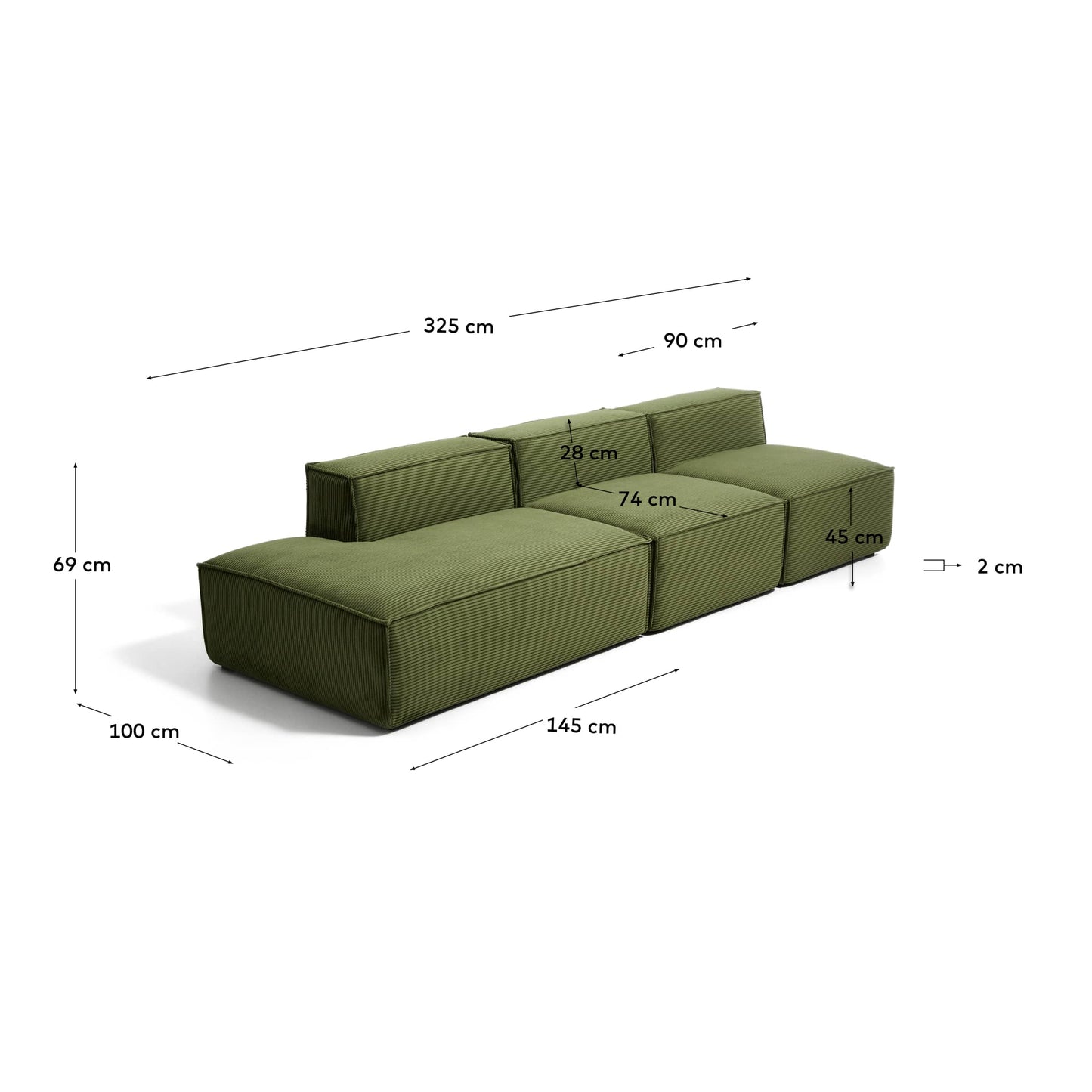 Divano Blok 3 posti con terminale destro in velluto a coste spesso verde 325 cm FSC Mix Credit