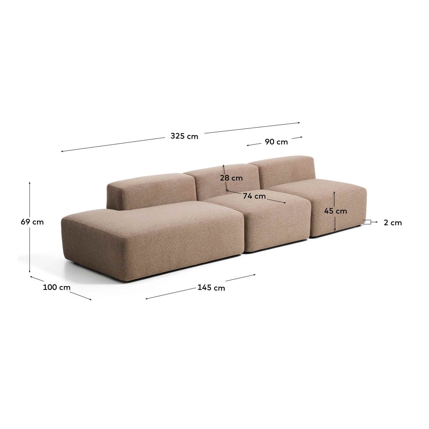 Divano Blok 3 posti con terminale destro in ciniglia marrone 325 cm FSC Mix Credit