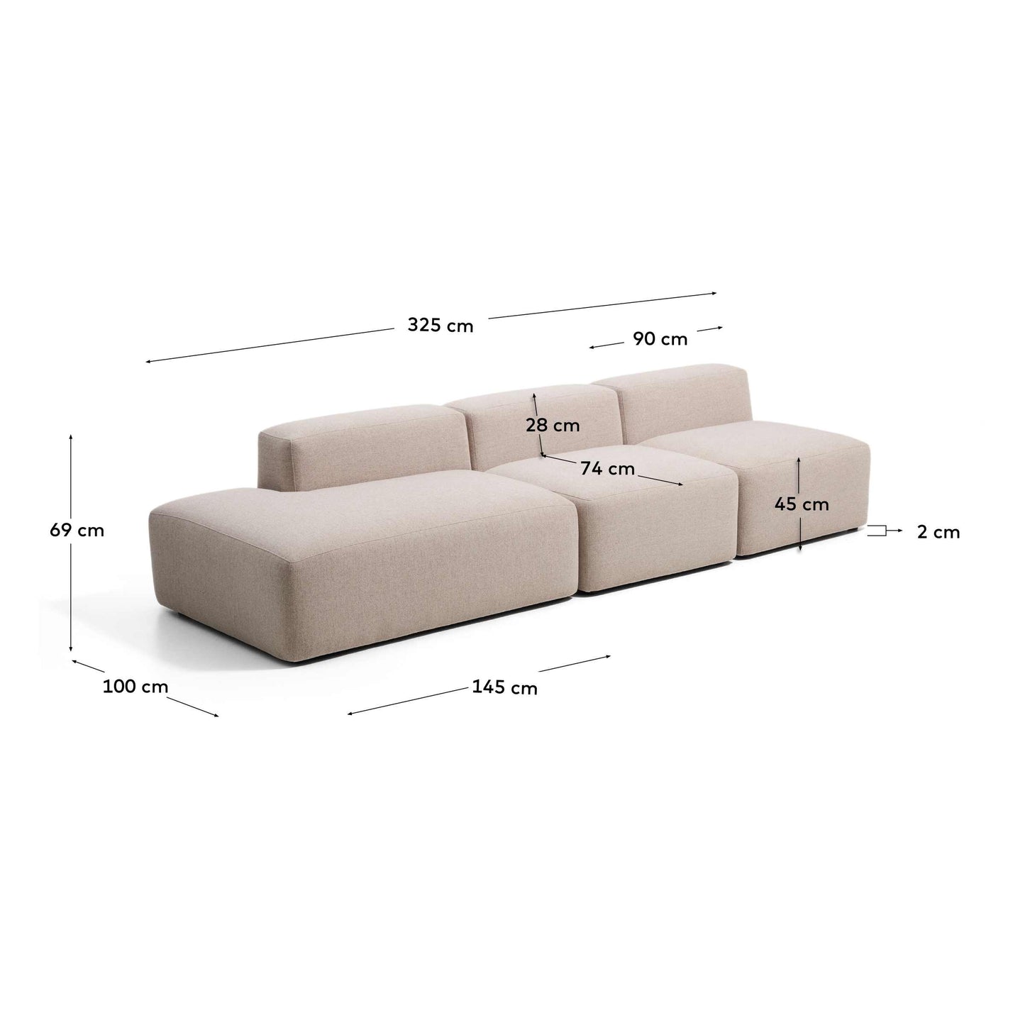 Divano Blok 3 posti con terminale sinistro in ciniglia beige 325 cm FSC Mix Credit