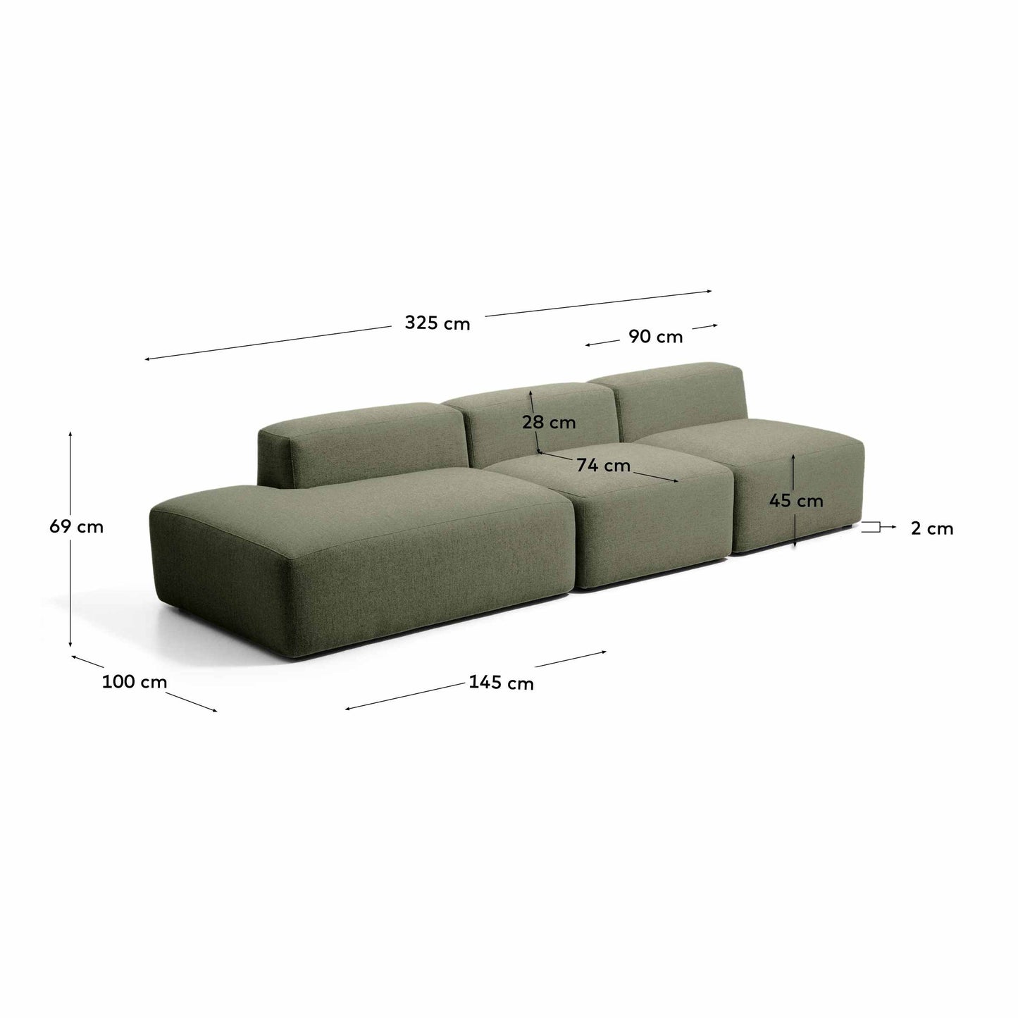 Divano Blok 3 posti con terminale sinistro in ciniglia verde muschio 325 cm FSC Mix Credit