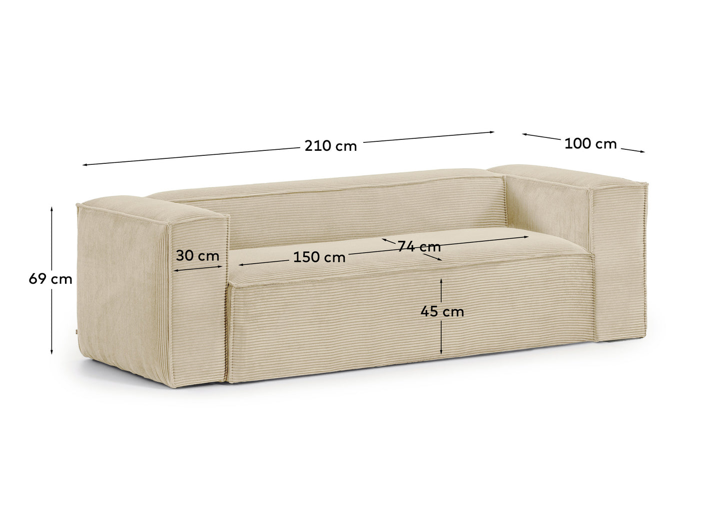 Divano Blok 2 posti in velluto a coste spesso color naturale 210 cm