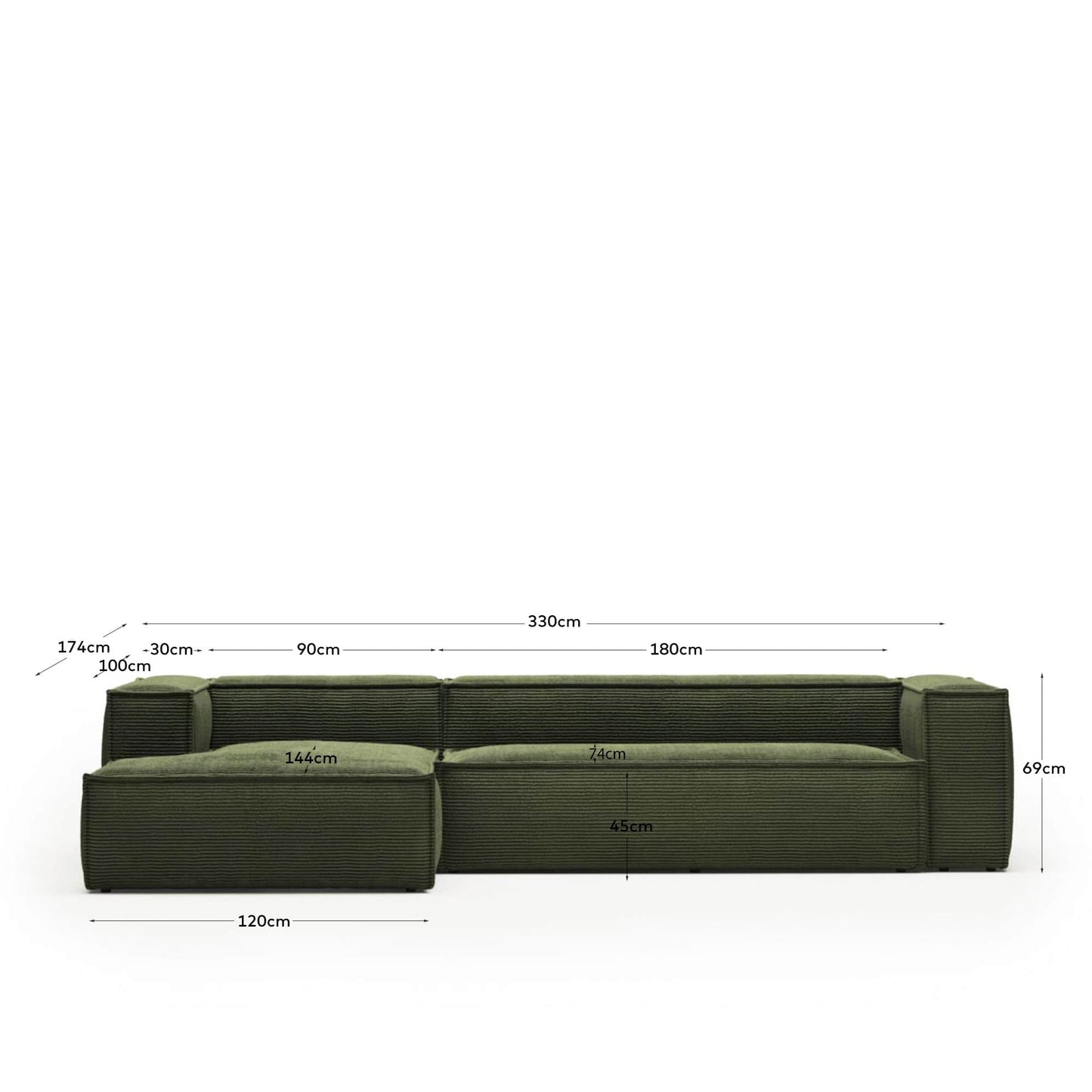 Divano Blok 4 posti chaise longue sinistra in velluto a coste spesse verde 330 cm