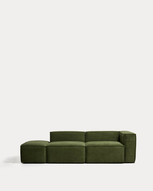 Divano Blok 3 posti con bracciolo sinistro e pouf terminale in velluto a coste spesso verde 270 cm FSC Mix Credit