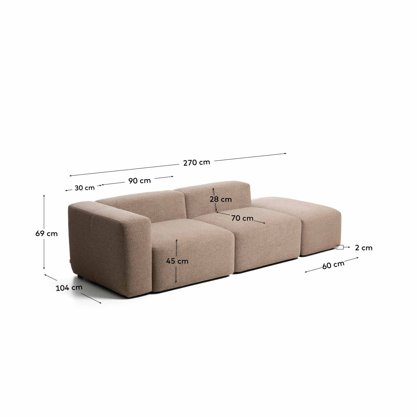 Divano Blok 3 posti con bracciolo destro e pouf terminale in ciniglia marrone 270 cm FSC Mix Credit
