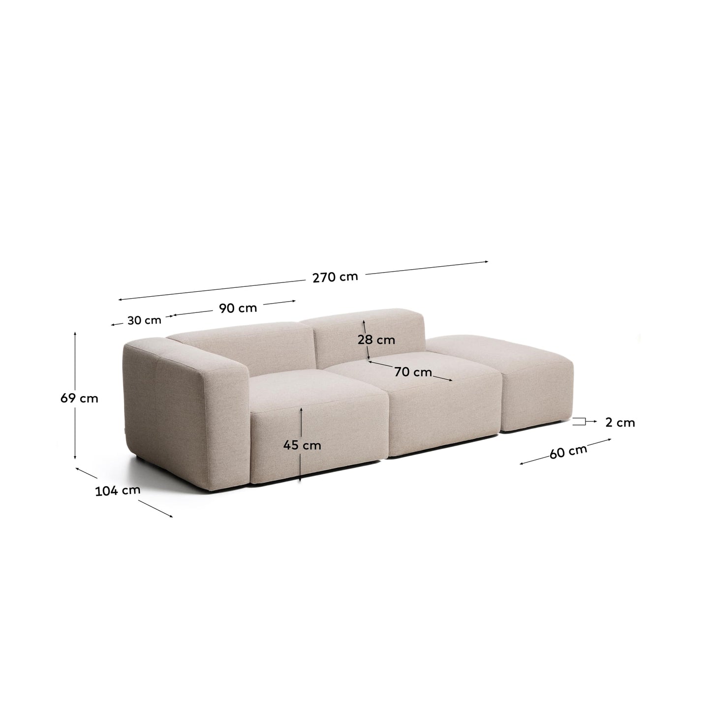 Divano Blok 3 posti con bracciolo destro e pouf terminale in ciniglia beige 270 cm FSC Mix Credit