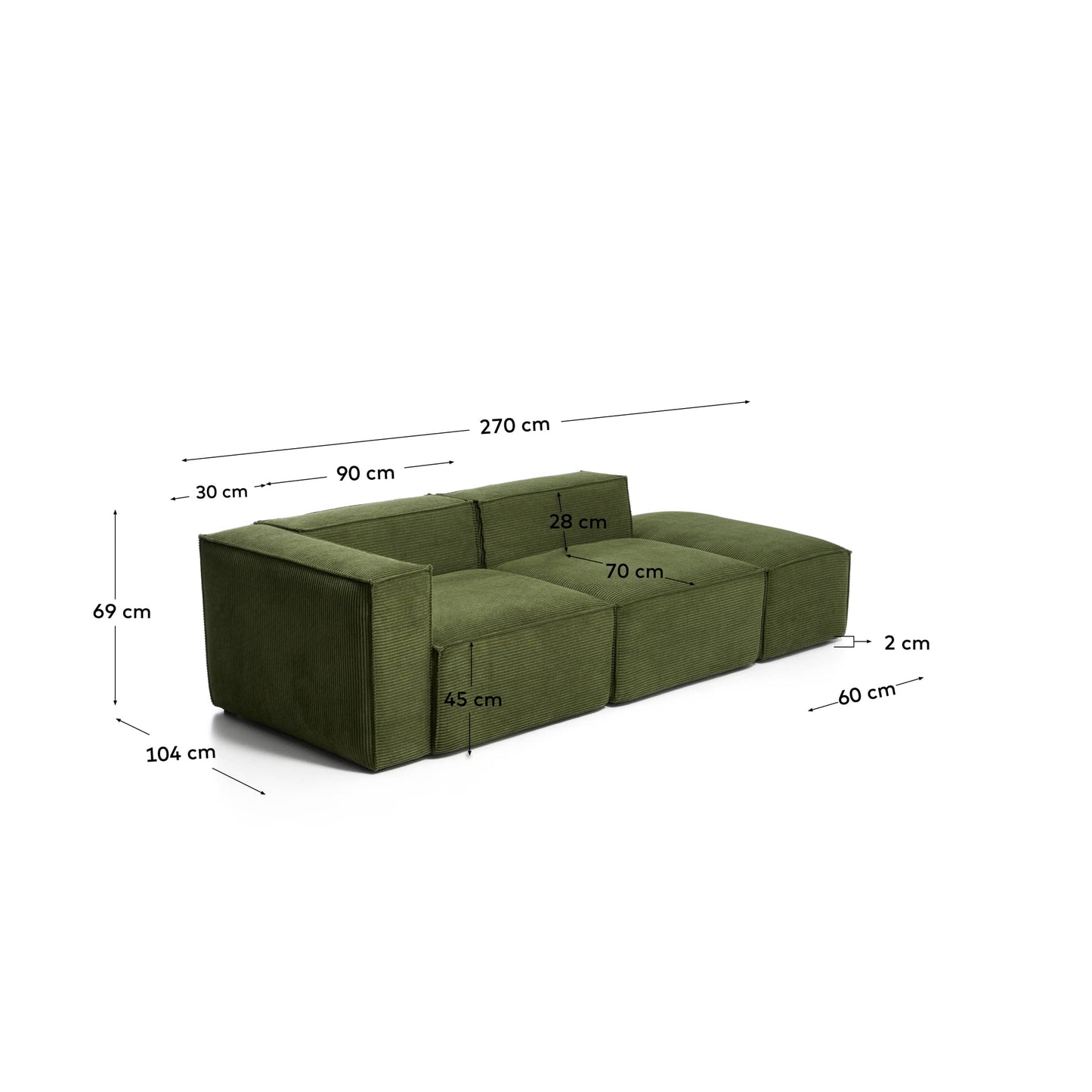 Divano Blok 3 posti con bracciolo sinistro e pouf terminale in velluto a coste spesso verde 270 cm FSC Mix Credit