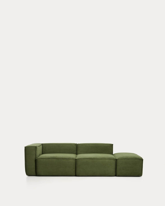 Divano Blok 3 posti con bracciolo sinistro e pouf terminale in velluto a coste spesso verde 270 cm FSC Mix Credit