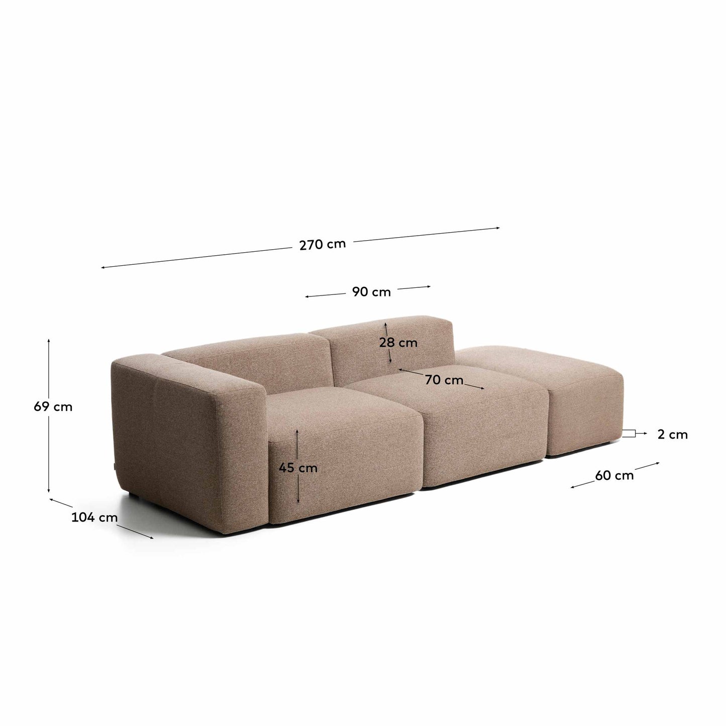 Divano Blok 3 posti con bracciolo sinistro e pouf terminale in ciniglia marrone 270 cm FSC Mix Credit
