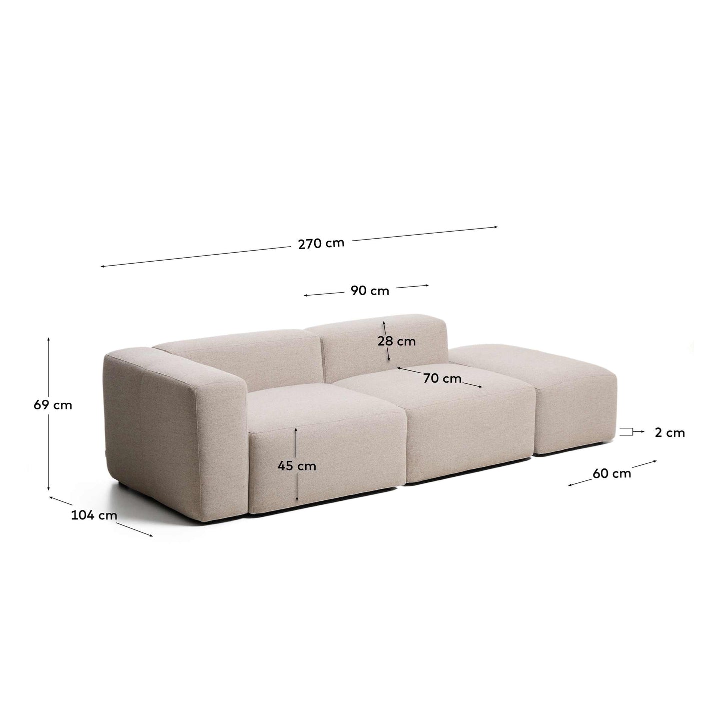 Divano Blok 3 posti con bracciolo sinistro e pouf terminale in ciniglia beige 270 cm FSC Mix Credit
