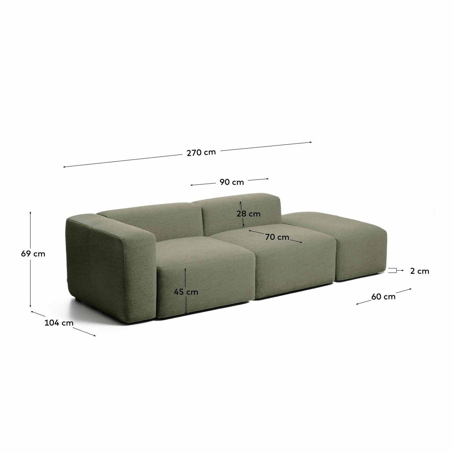 Divano Blok 3 posti con bracciolo sinistro e pouf terminale in ciniglia verde muschio 270 cm FSC Mix Credit