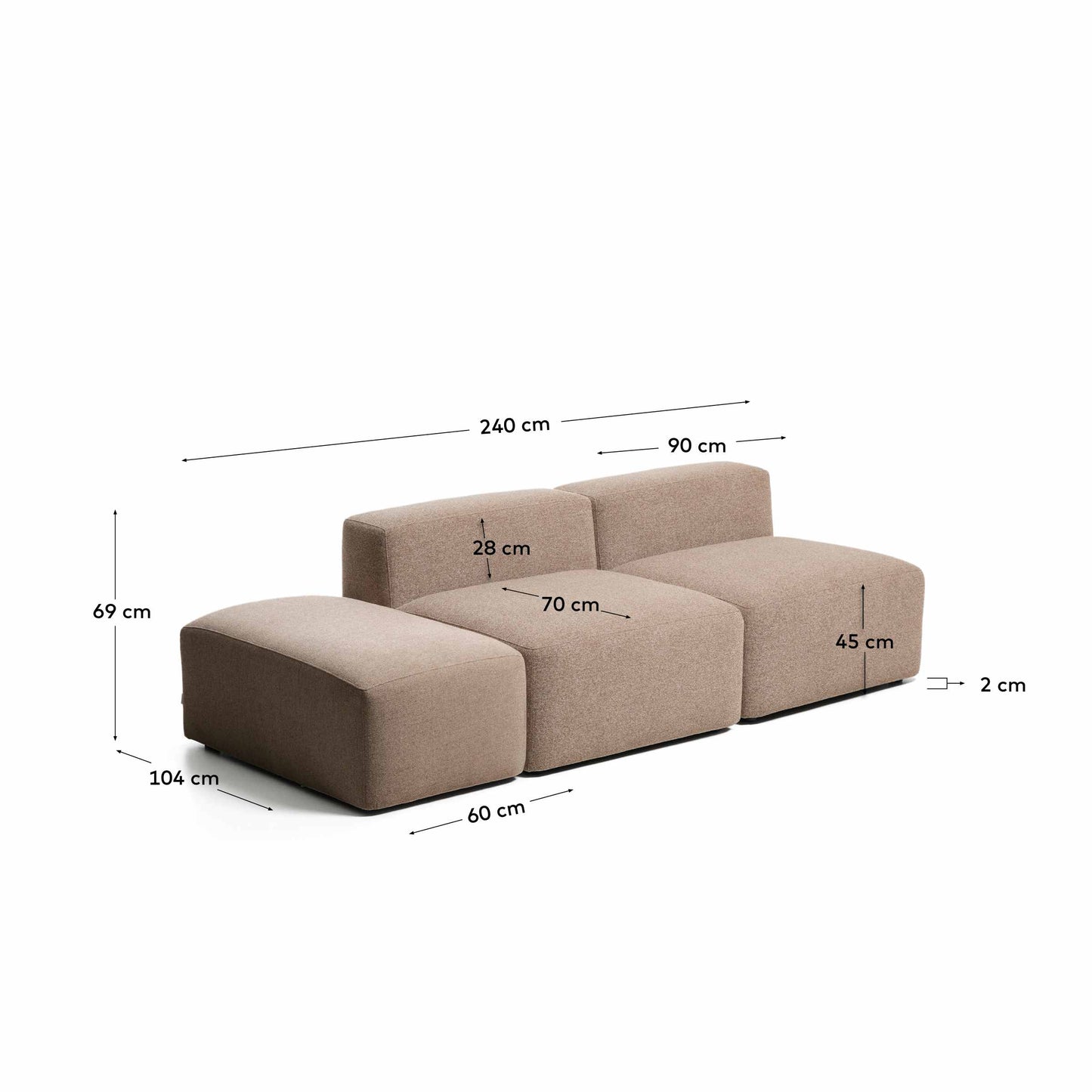 Divano Blok 3 posti con pouf terminale in ciniglia marrone 240 cm FSC Mix Credit