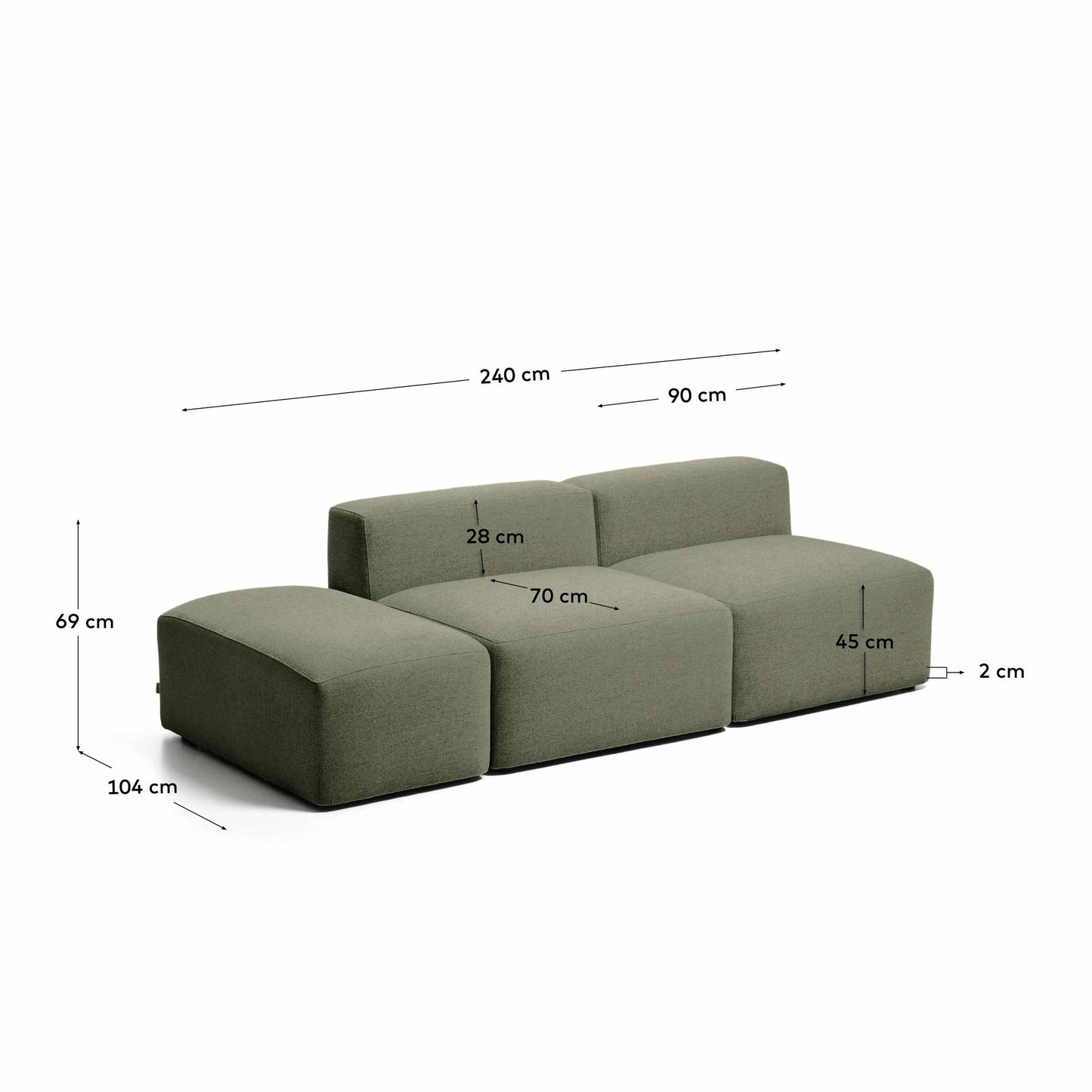 Divano Blok 3 posti con pouf terminale in ciniglia verde muschio 240 cm FSC Mix Credit