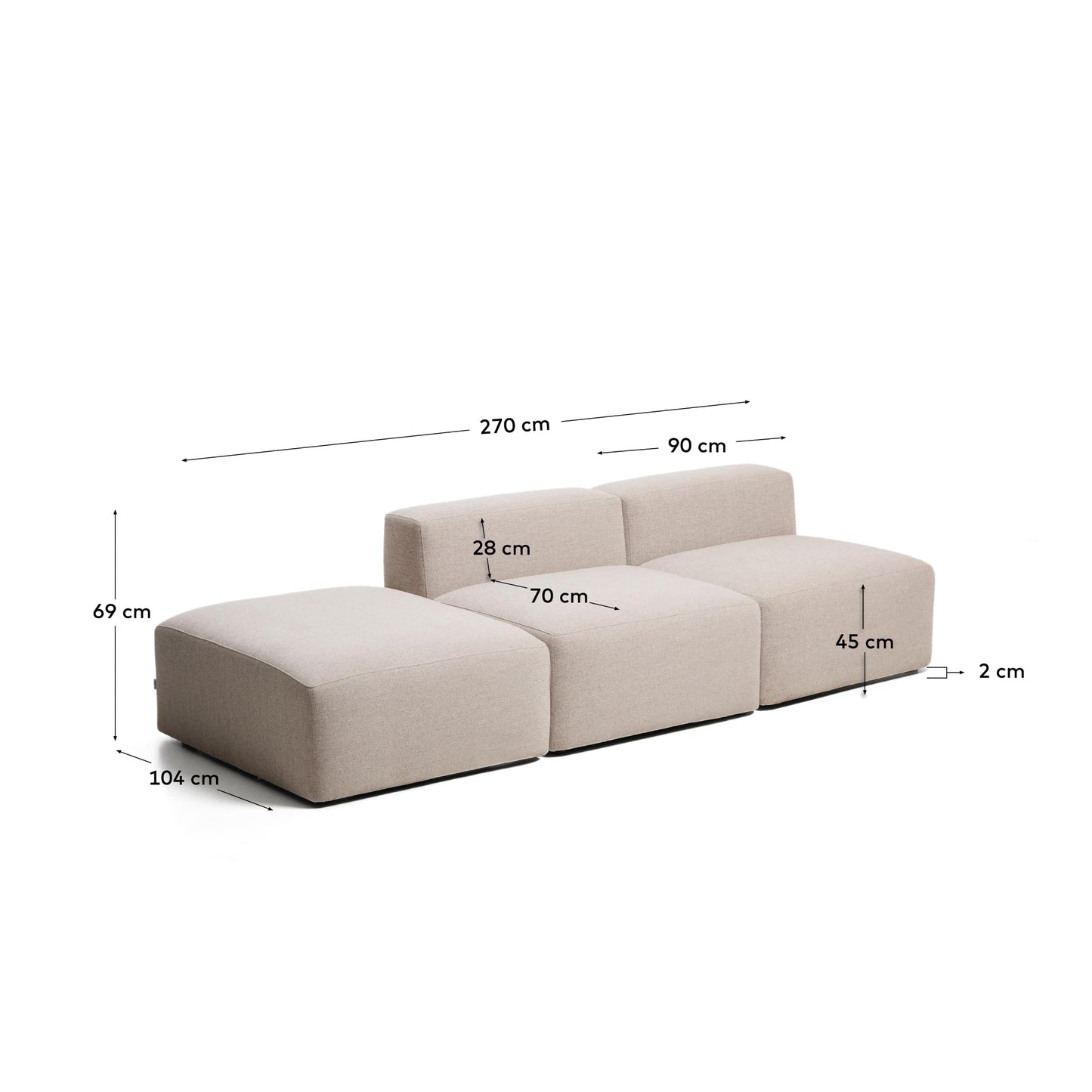 Divano Blok 3 posti con pouf terminale in ciniglia beige 270 cm FSC Mix Credit