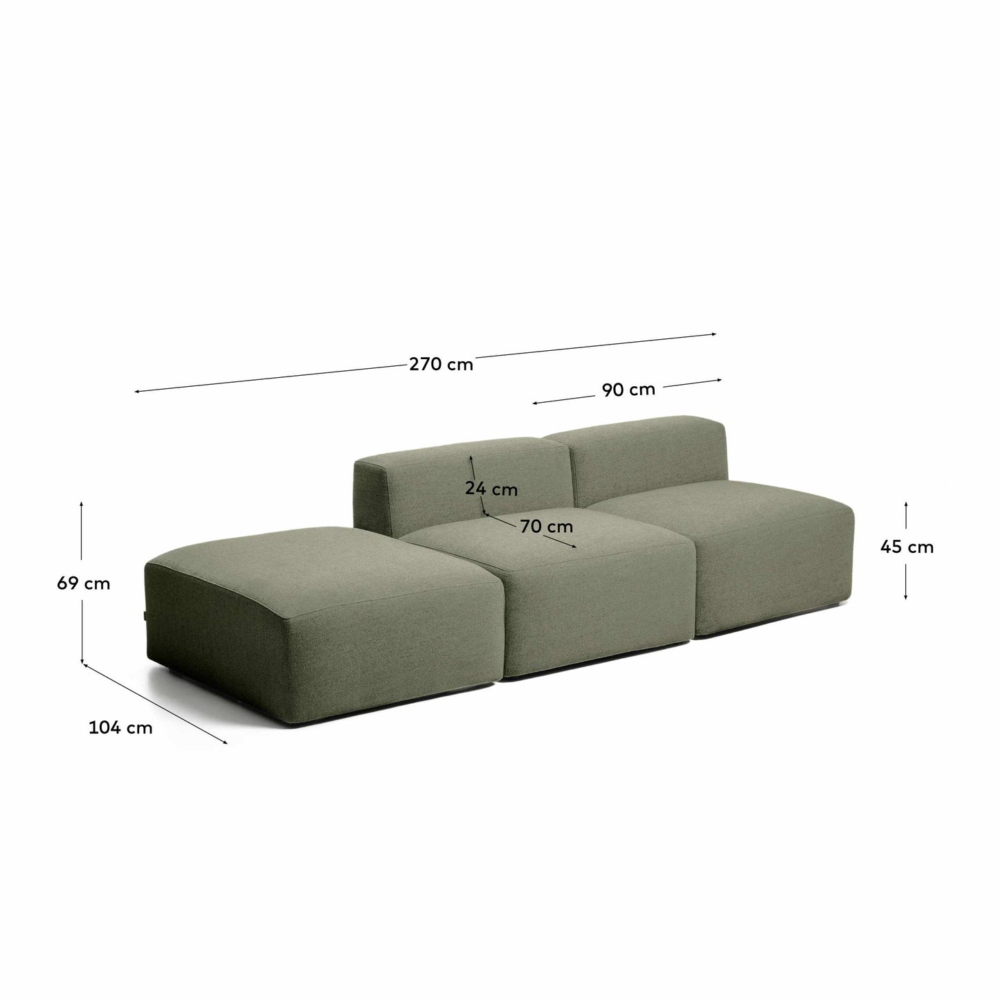 Divano Blok 3 posti con pouf terminale in ciniglia verde muschio 270 cm FSC Mix Credit