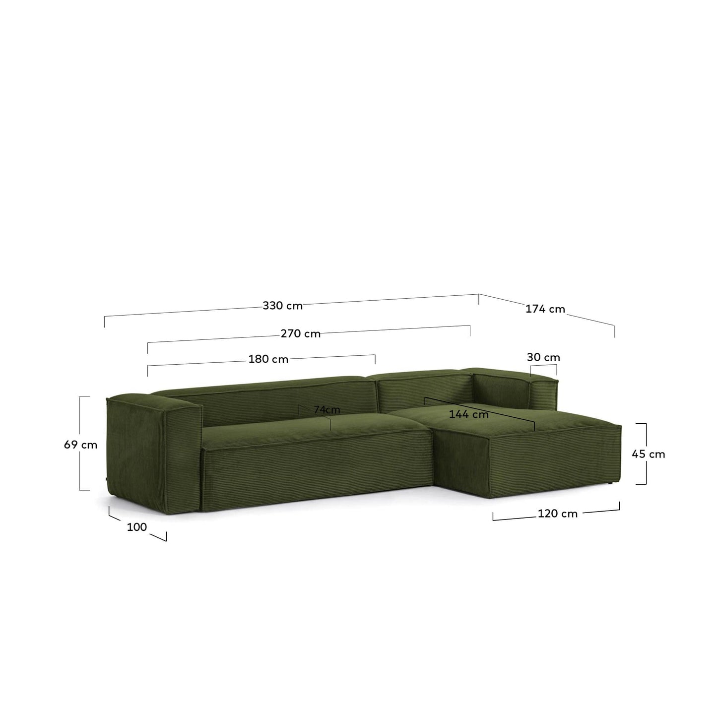 Divano Blok 4 posti chaise longue destra in velluto a coste spesse verde 330 cm