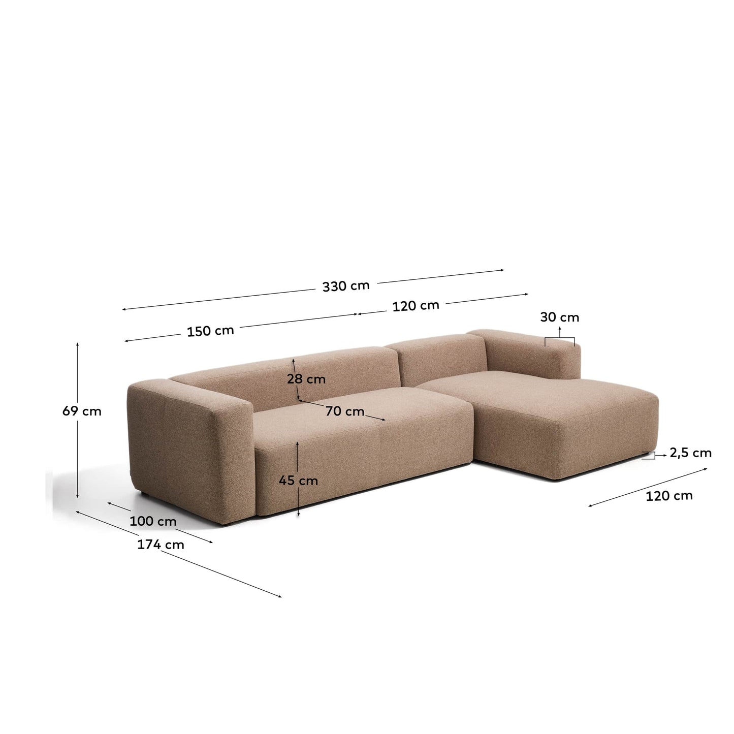 Divano Blok 4 posti in ciniglia marrone con chaise longue destra 330 cm FSC Mix Credit