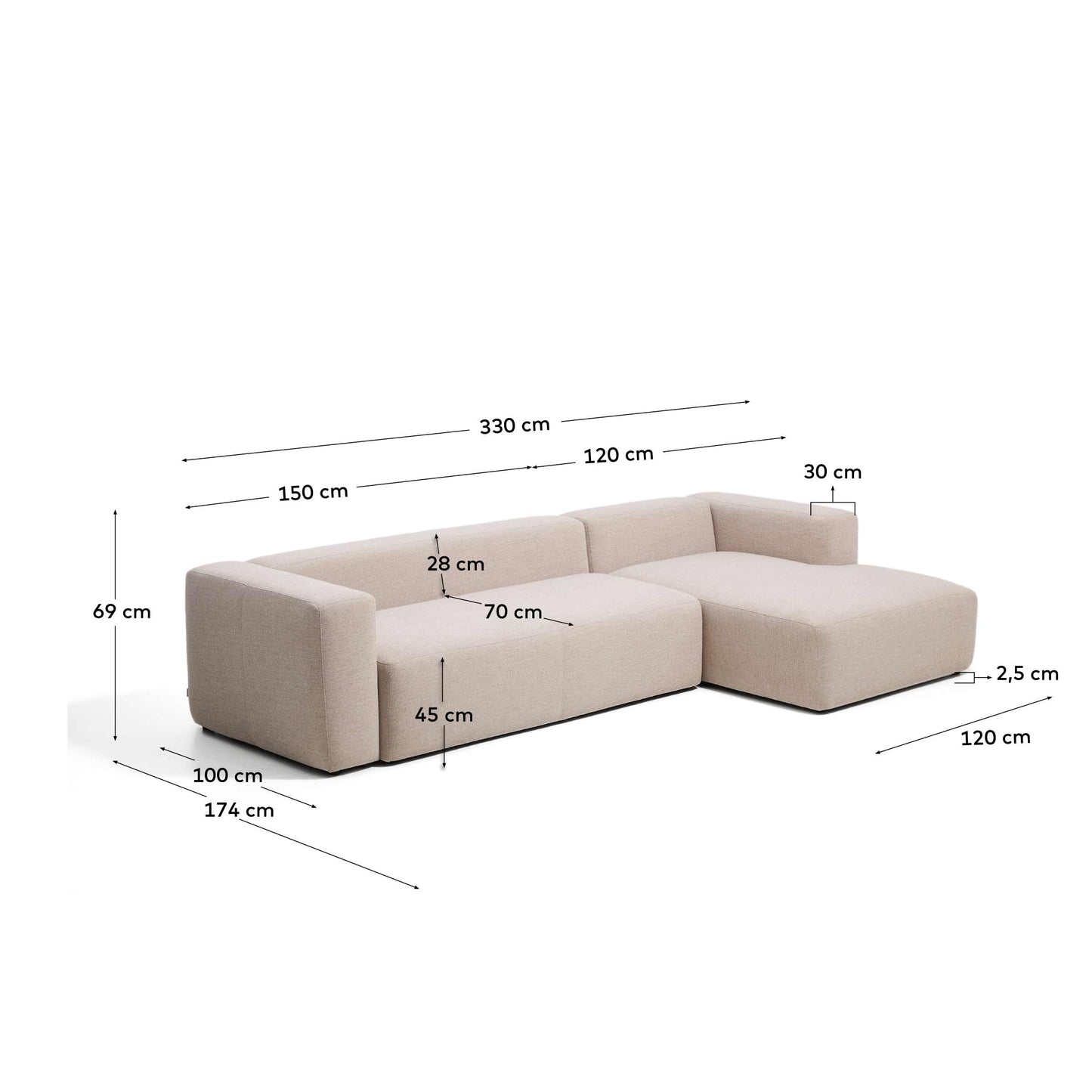Divano Blok 4 posti in ciniglia beige con chaise longue destra 330 cm FSC Mix Credit