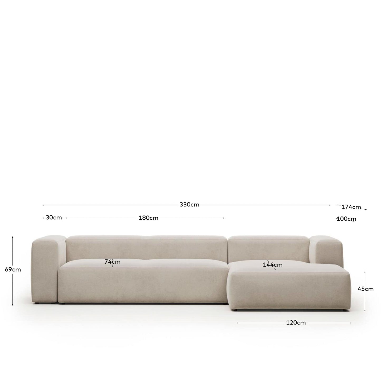 Divano Blok 4 posti ignifugo chaise longue destra in velluto a coste spesso écru 330 cm FSC Mix Credit
