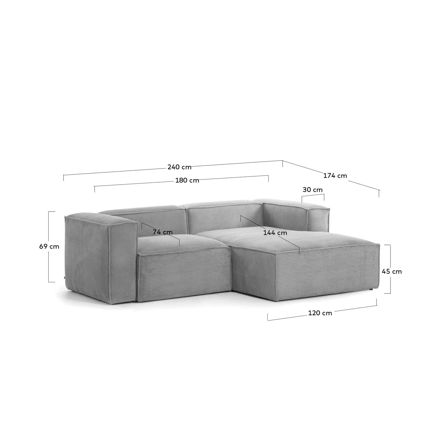Divano Blok 2 posti in velluto a coste spesso grigio con chaise longue destra 240 cm FSC Mix Credit