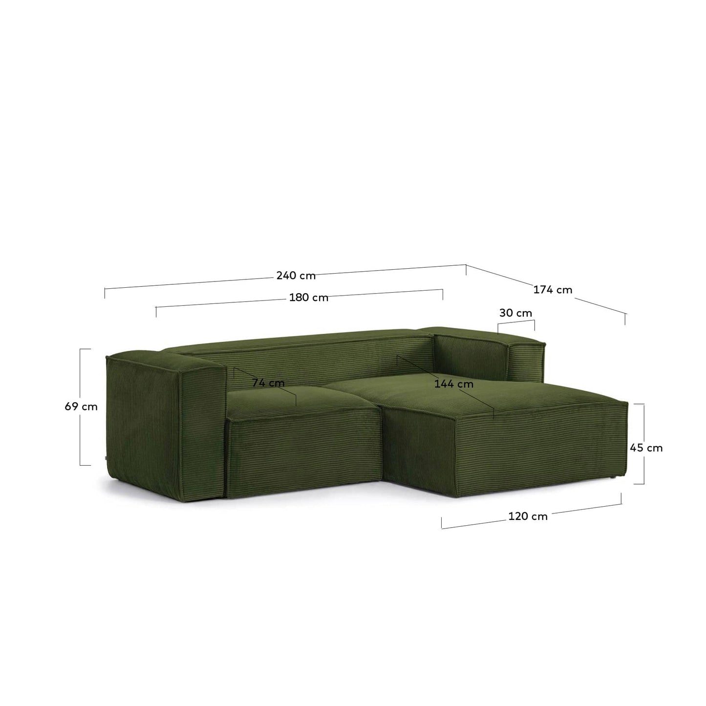 Divano Blok 2 posti chaise longue destra in velluto a coste spesse verde 240 cm