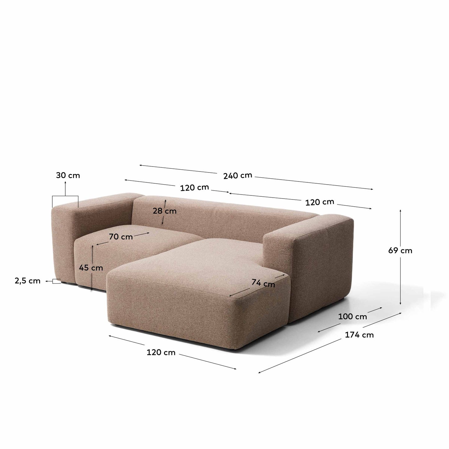 Divano Blok 2 posti in ciniglia marrone con chaise longue destra 240 cm FSC Mix Credit
