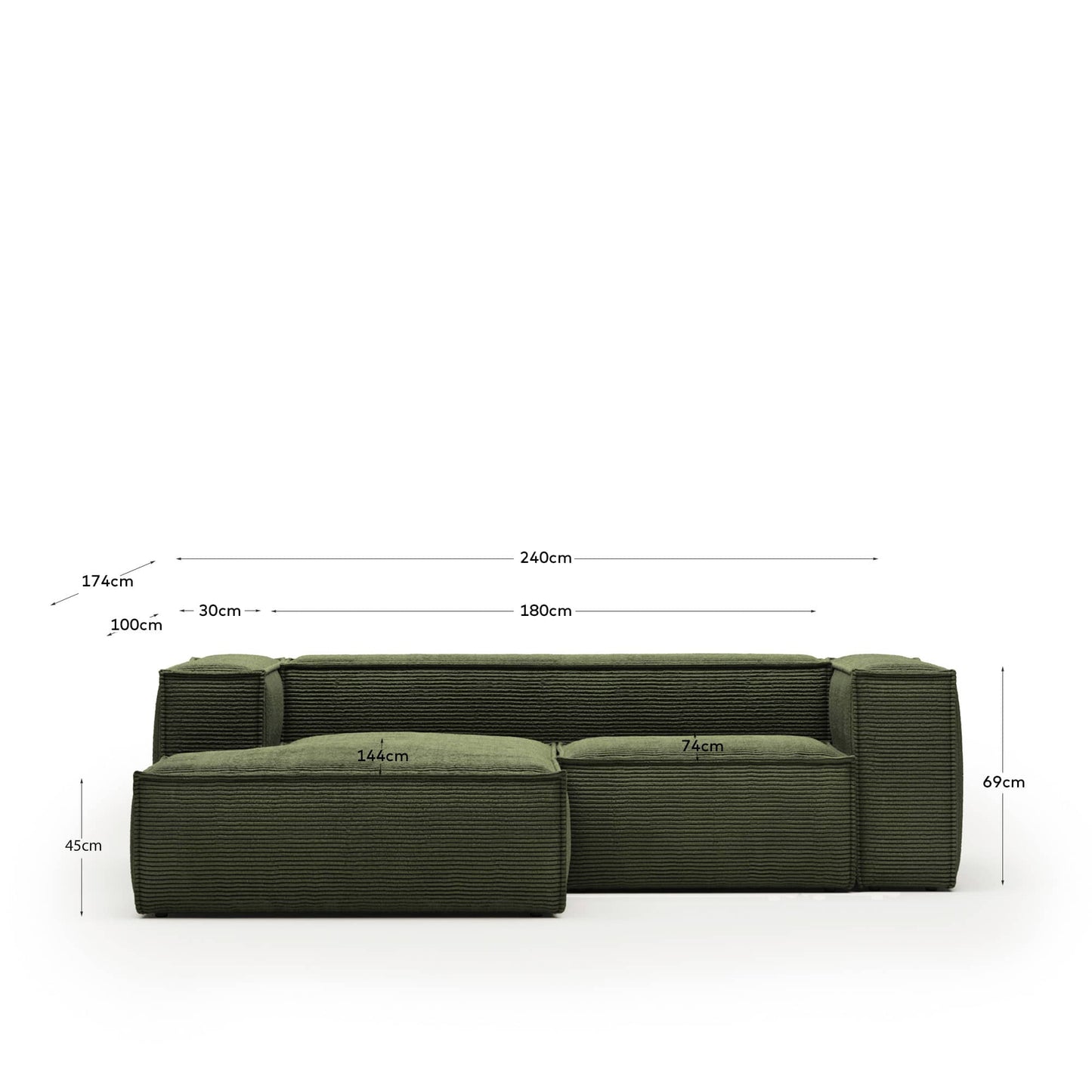 Divano Blok 2 posti chaise longue sinistra in velluto a coste spesse verde 240 cm