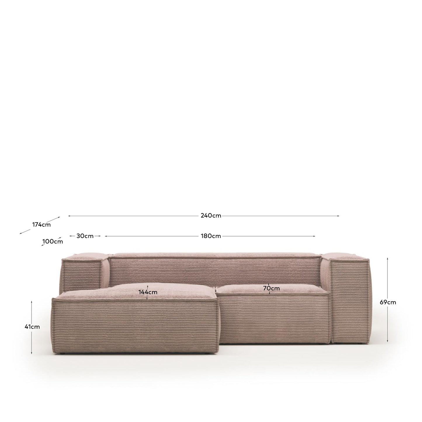 Divano Blok 2 posti in velluto a coste spesso rosa con chaise longue sinistra 240 cm