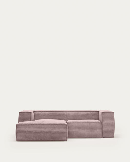 Divano Blok 2 posti in velluto a coste spesso rosa con chaise longue sinistra 240 cm