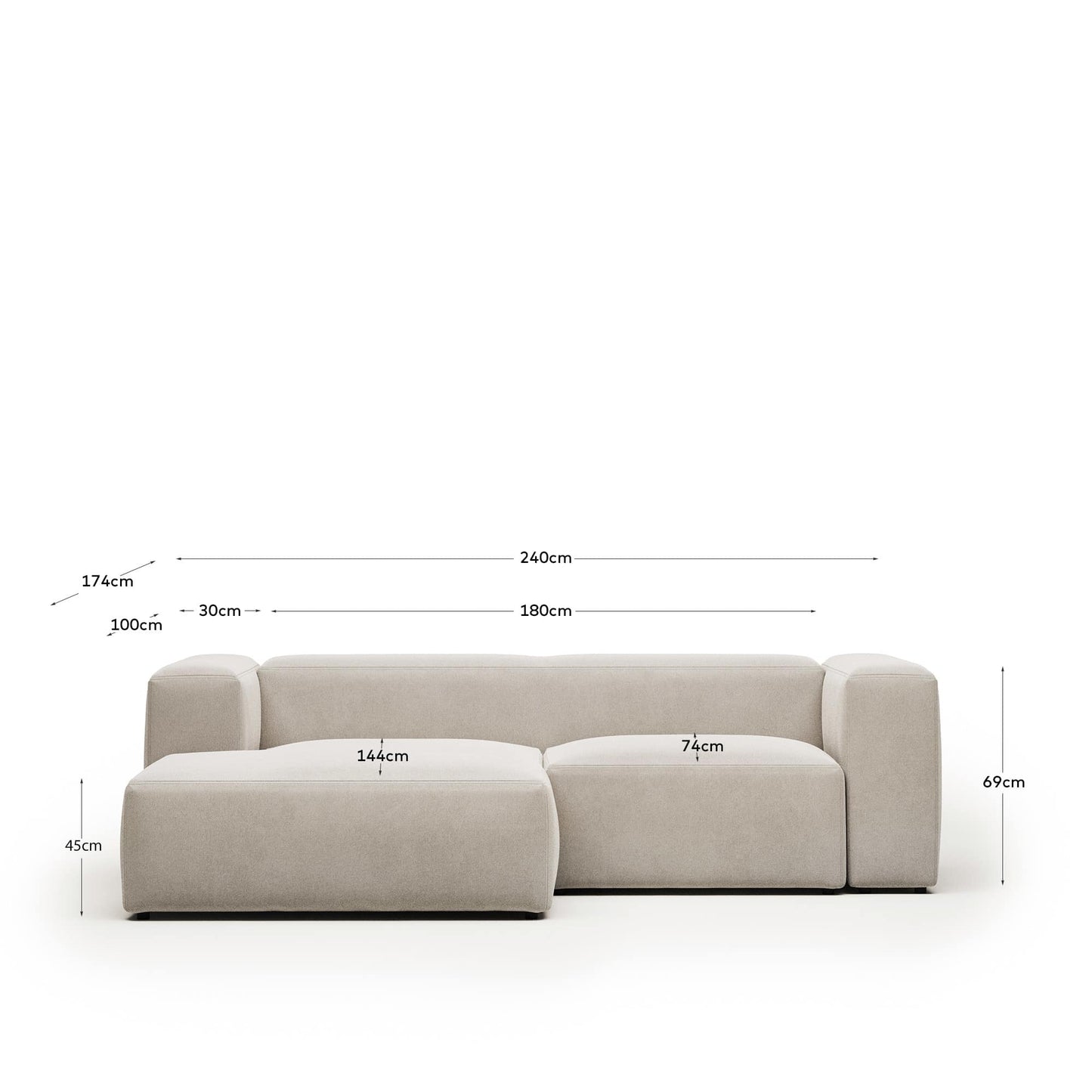 Divano Blok 2 posti ignifugo chaise longue sinistra in velluto a coste spesso écru 240 cm FSC Mix Credit