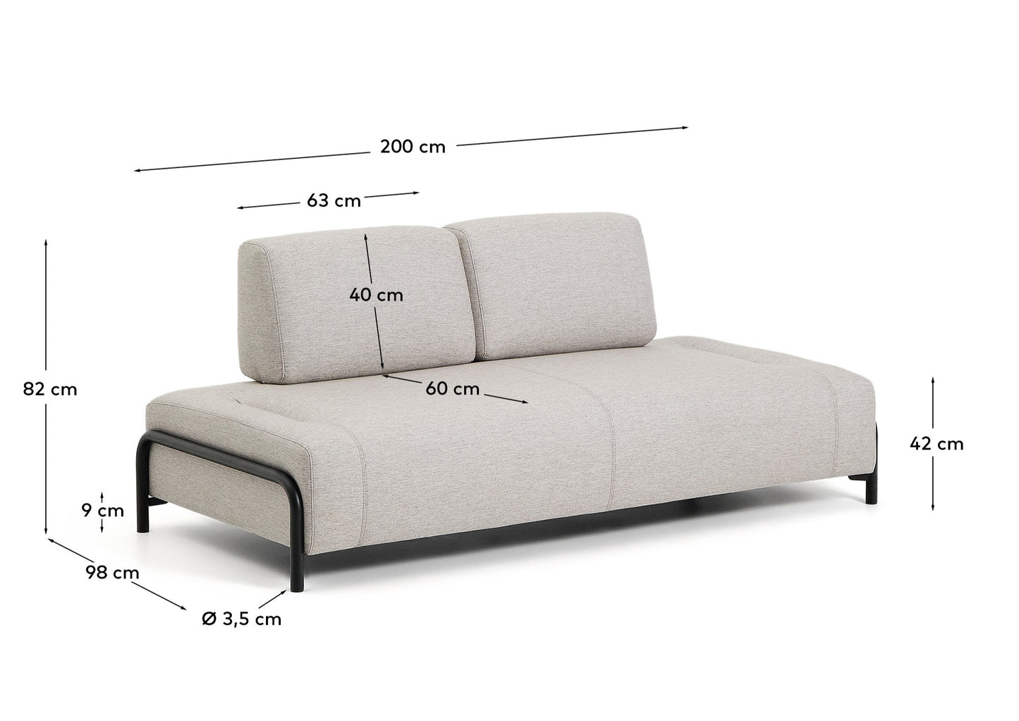 Modulo Compo 2 posti beige grigiastro con struttura metallica nera 200 cm