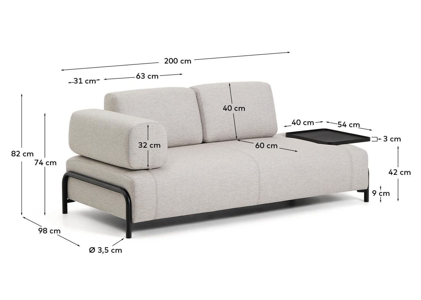 Divano Compo 2 posti beige grigiastro con vassoio grande e struttura in metallo nero 200 cm